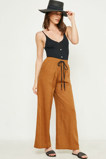 H6432 Camel Womens Linen Tie-Front Palazzo Pants Back